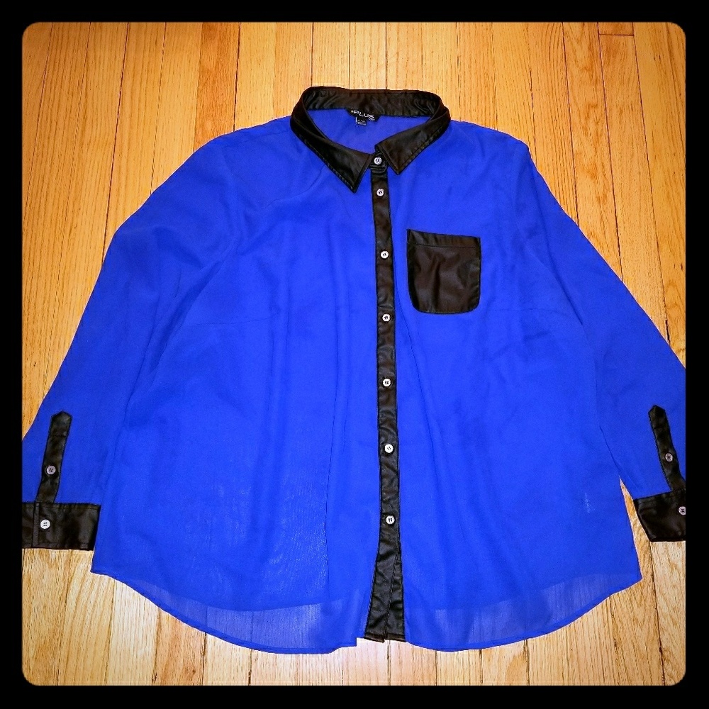 Blue Sheer Blouse with faux leather trim